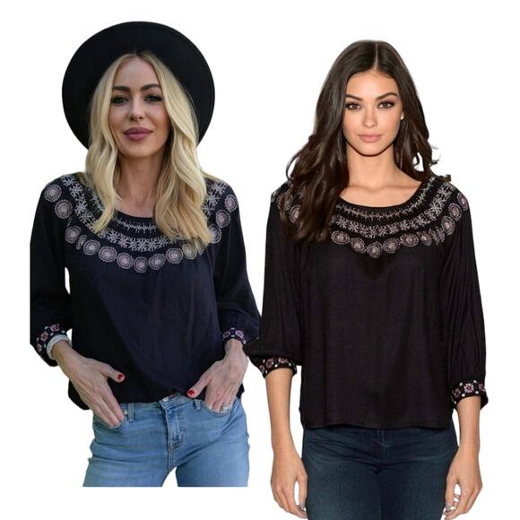 Velvet By Graham & Spencer Eva Black Peasant Top Pastel Embroidered Neck XS - Picture 2 of 16